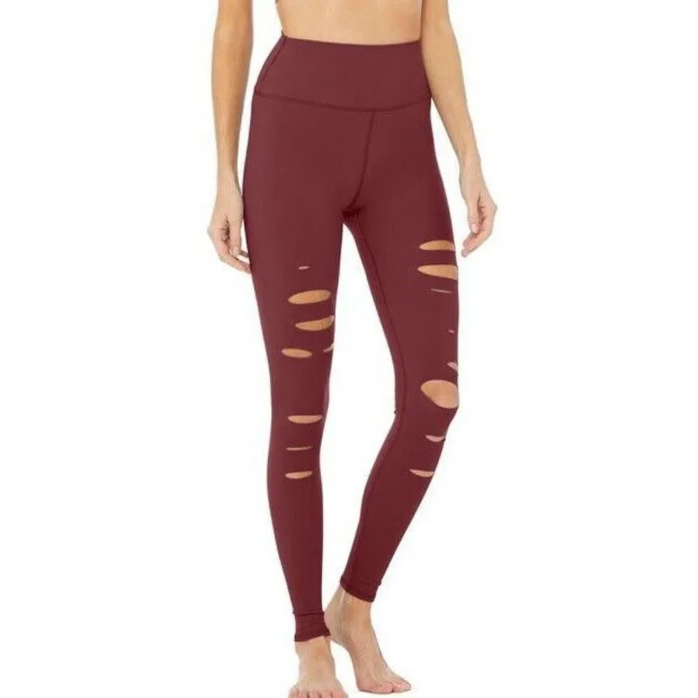 ALO Yoga Ripped Warrior Leggings Red High Waist Laser Cut  Full Length Small